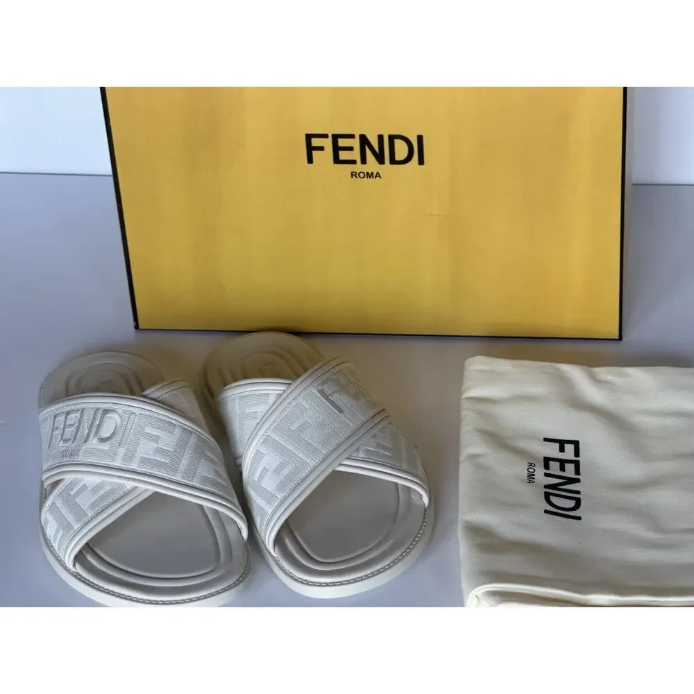 Fendi Men's FF Leather/Fabric Ivory Slide Sandals 8 US/7 UK IT 7X1548 NIB $730